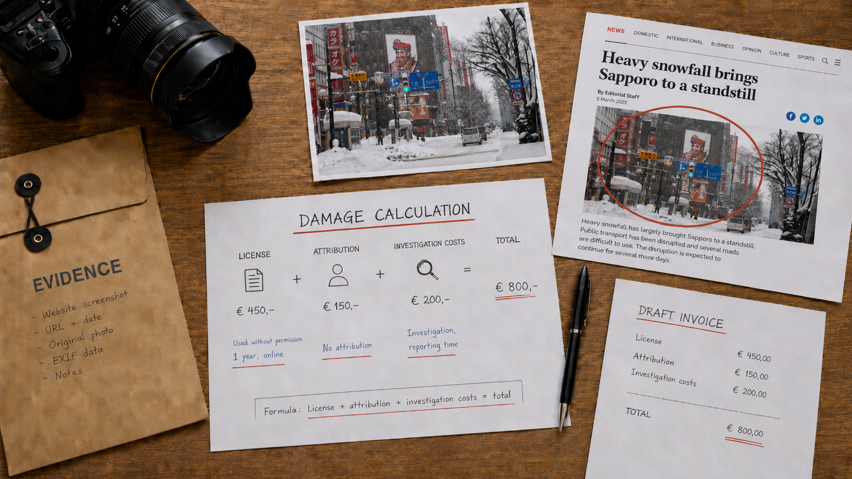 A desk scene showing a damages calculation for an unauthorized photo: a licence fee, attribution surcharge and tracing costs adding up to a total, beside an evidence envelope, the printed photo, and a draft invoice