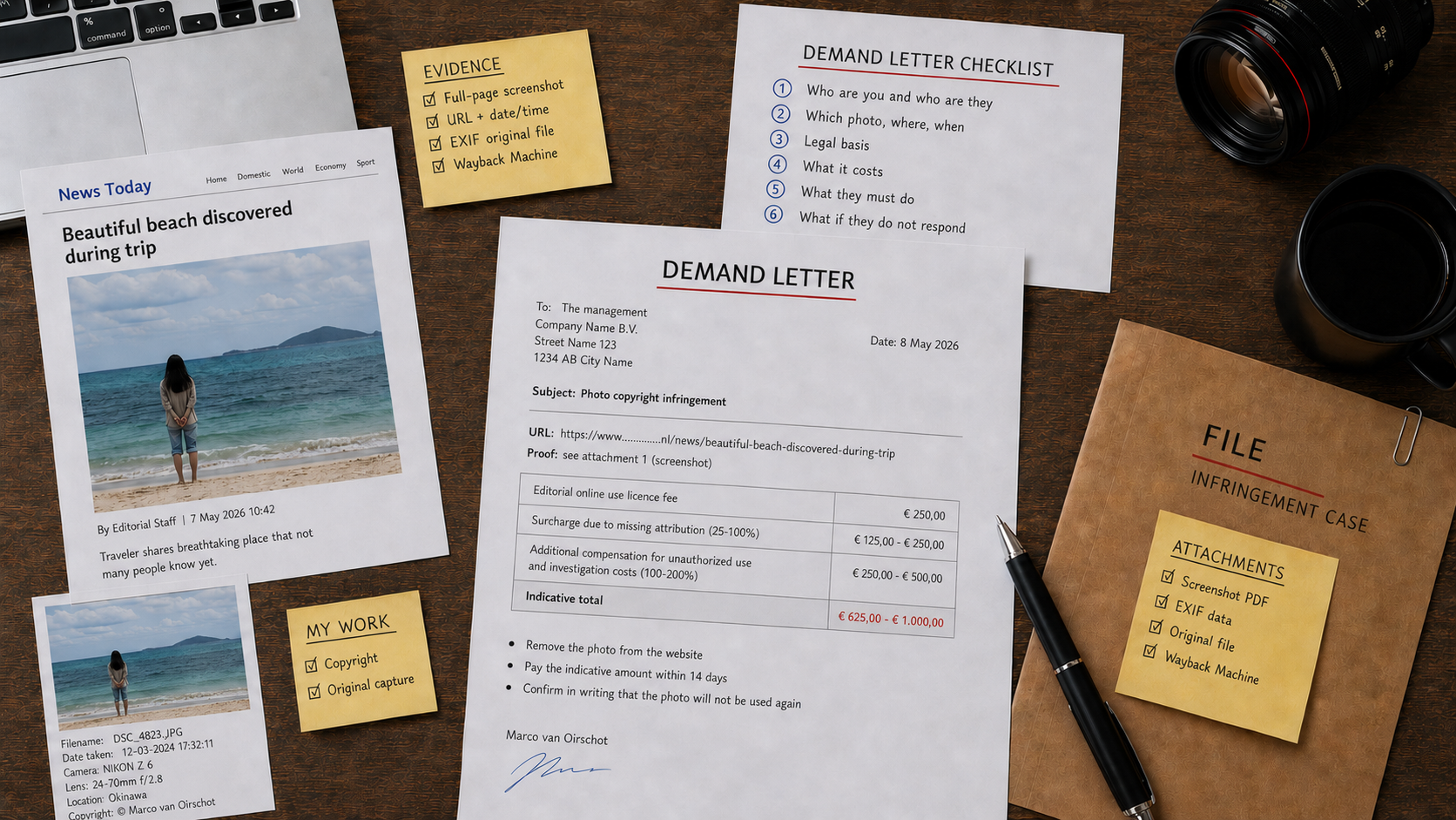 A desk scene with a printed demand letter, a step-by-step checklist, an infringement case dossier, and a laptop showing the news site that used the photo without permission