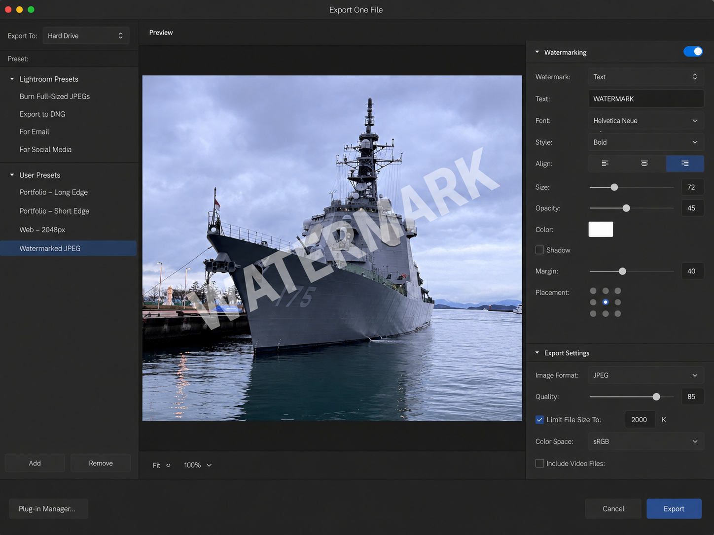 A photo export dialog with the watermarking panel open, adding a WATERMARK text overlay to a photo of a ship