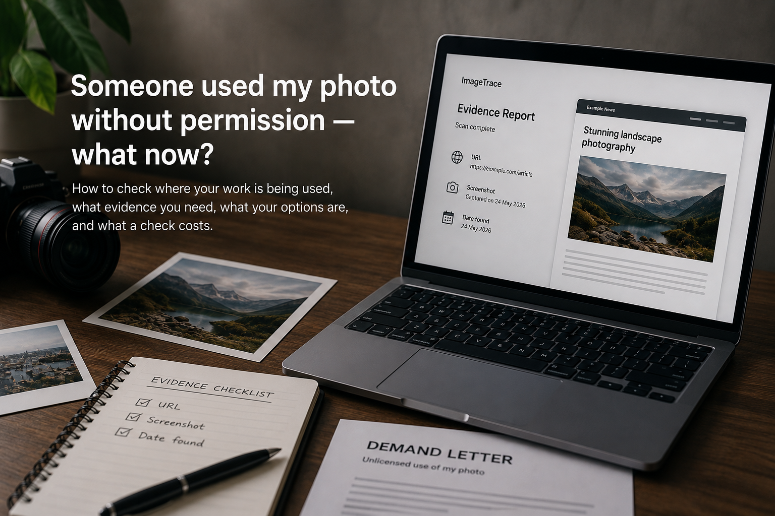 Een laptop met een ImageTrace-bewijsrapport naast een camera, afgedrukte foto's, een bewijschecklist en een sommatiebrief
