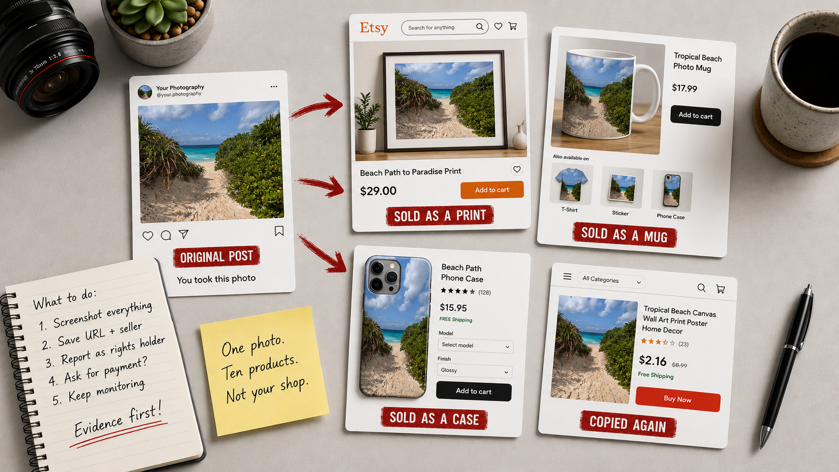 Een bureauscene waarop de originele strandfoto van een fotograaf zonder toestemming wordt doorverkocht: een Etsy-listing biedt hem aan als ingelijste print voor 29 dollar, een productpagina verkoopt hem als fotomok met t-shirt-, sticker- en telefoonhoesvarianten, een andere pagina als telefoonhoesje, en een goedkope namaaklisting voor 2 dollar, naast een notitieblok met de stappen: alles screenshotten, URL en verkoper bewaren, rapporteren als rechthebbende, om betaling vragen en blijven monitoren